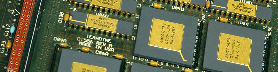 Close-up of a vintage circuit board with microchips